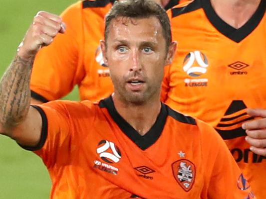 GOLD COAST, AUSTRALIA - MARCH 20: Scott McDonald of the Roar celebrates a goal during the round 27 A-League match between the Brisbane Roar and the Newcastle Jets at Cbus Super Stadium on March 20, 2020 in Gold Coast, Australia. (Photo by Chris Hyde/Getty Images)