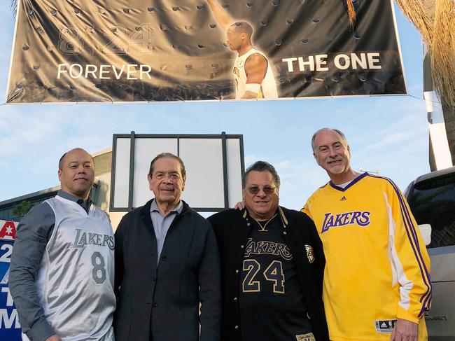 Tom Ling, Rene Vega, Bob Melendez and Brett Noss pose outside Staples Center before a public memorial Kobe Bryant and his daughter, Gianna. Picture: AP