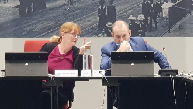 Gawler Council chief executive Henry Inat and Mayor Karen Redman at a council meeting. Picture: Colin James