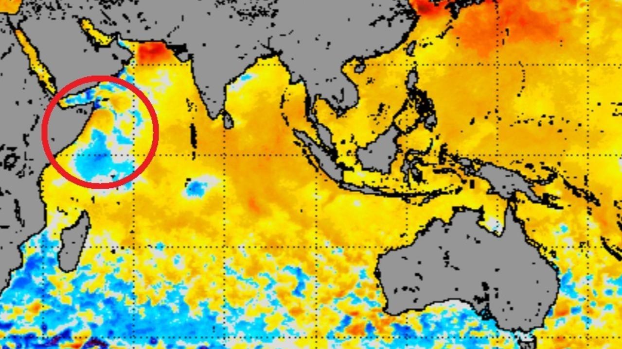 To Australia’s west, cooler water around East Africa is a sign of a negative Indian Ocean Dipole that also brings wet weather Australia’s way. Picture: Sky News Weather.