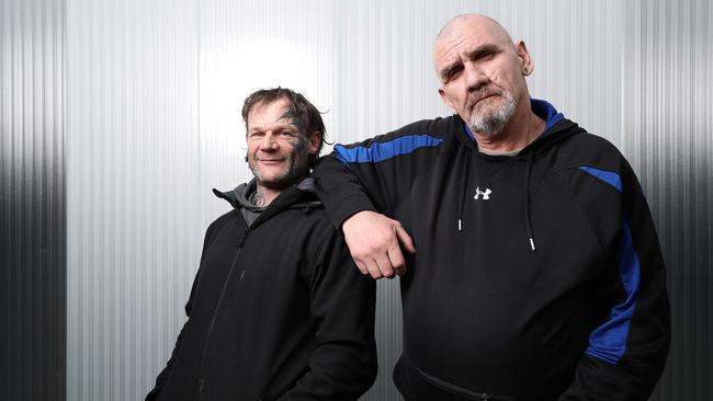 Timmy Smith and Dave Mowbray, who live rough in Hobart, have welcomed the Safe Night Space proposal. Picture: LUKE BOWDEN