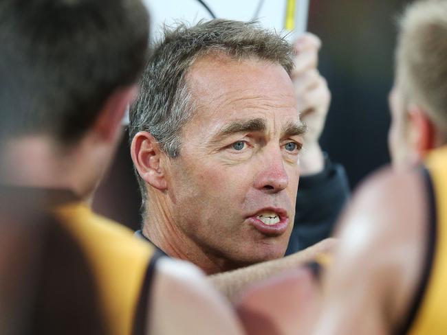 LAUNCESTON, AUSTRALIA - MARCH 09: Hawks head coach Alastair Clarkson speaks to his players during the 2019 JLT Community Series AFL match between the Hawthorn Hawks and the Richmond Tigers at University of Tasmania Stadium on March 09, 2019 in Launceston, Australia. (Photo by Michael Dodge/Getty Images)