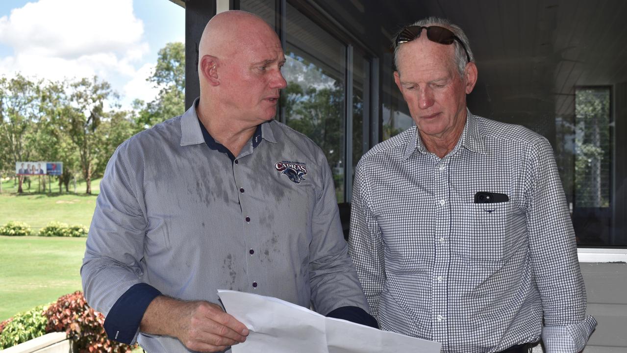 CQ Capras' CEO Peter White (left) discusses the Rugby Park redevelopment plans with Dolphins' head coach Wayne Bennett.