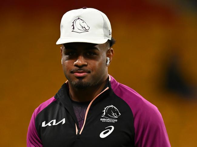 BRISBANE, AUSTRALIA - JULY 13: Ezra Mam of the Broncos is seen ahead of the round 19 NRL match between Brisbane Broncos and St George Illawarra Dragons at Suncorp Stadium, on July 13, 2024, in Brisbane, Australia. (Photo by Albert Perez/Getty Images)