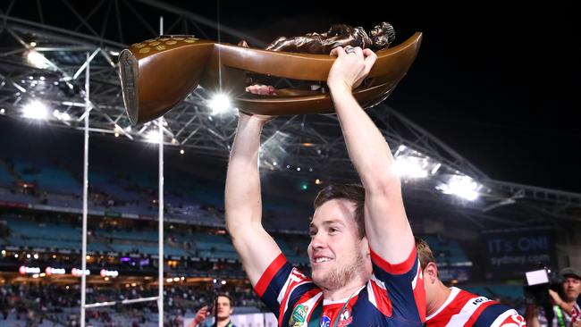 Luke Keary lifts the Provan-Summons Trophy. Picture: Getty