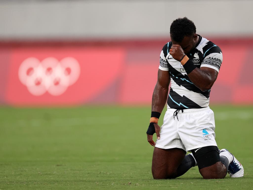 Jerry Tuwai reacts as the final whistle is blown on their gold medal match. Picture: Dan Mullan/Getty Images