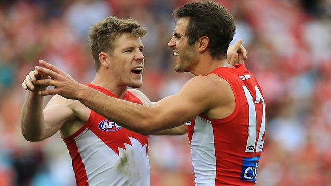 Luke Parker and Josh Kennedy celebrate a goal. Picture: Toby Zerna