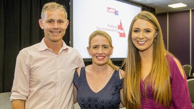 ALP candidate Rowan Holzberger, Commonwealth Games Minister Kate Jones and Meaghan Scanlon at the Labor Party poll launch. Picture: Jerad Williams