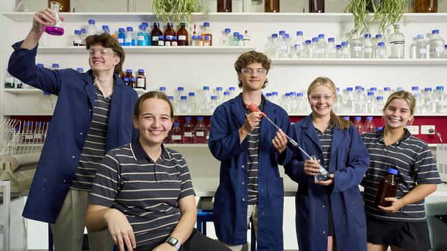 Still smiling post exam are Pulteney Grammar School year 12 chemistry students, James Bradley, Sarah Ninio, Oscar Mitchell, Mackenzie Weaver, and Emerson McClurg. Picture: Matt Loxton