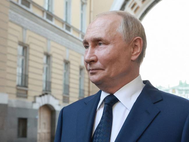 In this pool photograph distributed by the Russian state agency Sputnik, Russia's President Vladimir Putin answers a journalist's question after delivering a speech at the X St. Petersburg International United Cultures Forum in Saint Petersburg on September 12, 2024. (Photo by Vyacheslav PROKOFYEV / POOL / AFP)