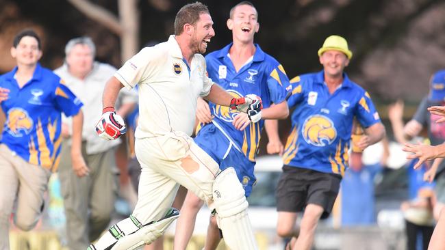 The now iconic photo of Matthew ‘Cheeks’ Chasemore hitting the winning runs in Cranbourne’s 2015-16 Turf 1 Grand Final reverse outright. Picture: Jason Sammon