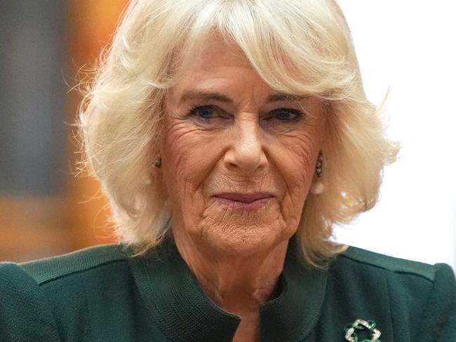 LONDON, ENGLAND - NOVEMBER 21: Queen Camilla during a reception for winners of the Queen's Commonwealth Essay Competition, at Buckingham Palace on November 21, 2024 in London, England. (Photo by Aaron Chown - WPA Pool/Getty Images)