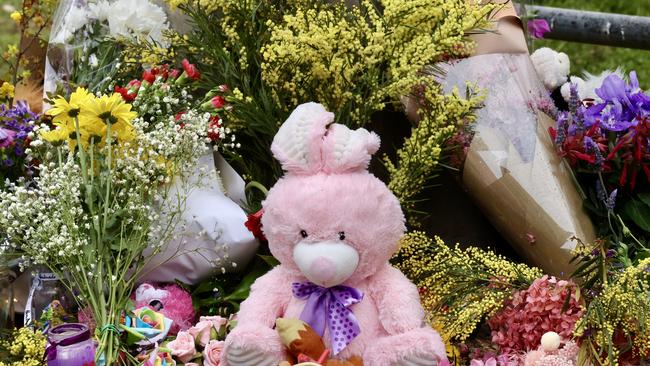 Flowers and toys left at tribute site for baby Mia. Pic: Liam Kidston