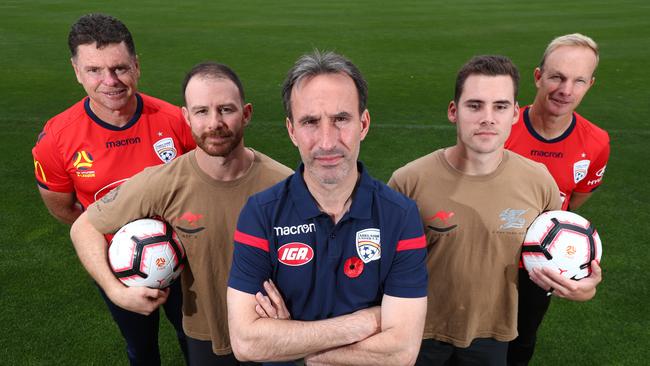 Carl Veart, Ricky Skiathitis, Aurelio Vidmar, Leeham Lawton and Richie Alagich in 2018. Picture: Tait Schmaal