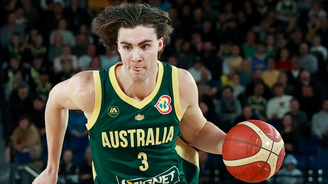 MELBOURNE, AUSTRALIA – AUGUST 14: Josh Giddey of the Boomers dribbles the ball during the match between Australia Boomers and Venezuela at Rod Laver Arena on August 14, 2023 in Melbourne, Australia. (Photo by Kelly Defina/Getty Images)