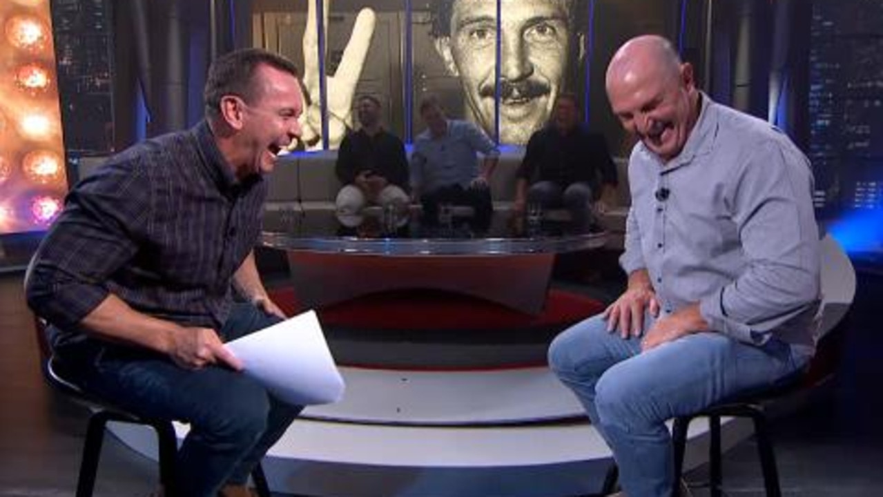 Matty Johns and Brett Kenny have a laugh after a lighthearted joke.