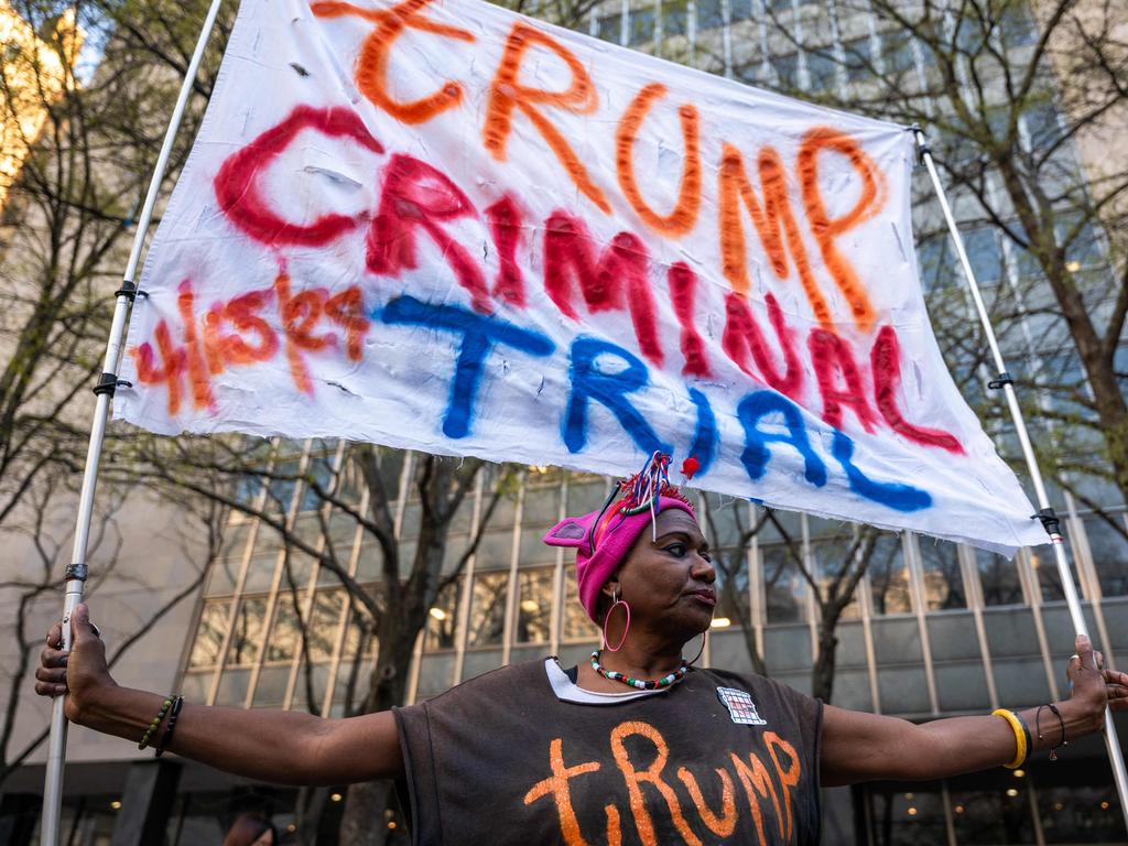 Nadine Seiler protests against Donald Trump outside of a the Manhattan Criminal Courthouse. Picture: Getty Images/AFP