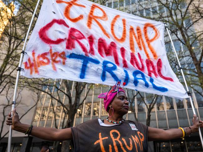 Nadine Seiler protests against Donald Trump outside of a the Manhattan Criminal Courthouse. Picture: Getty Images/AFP