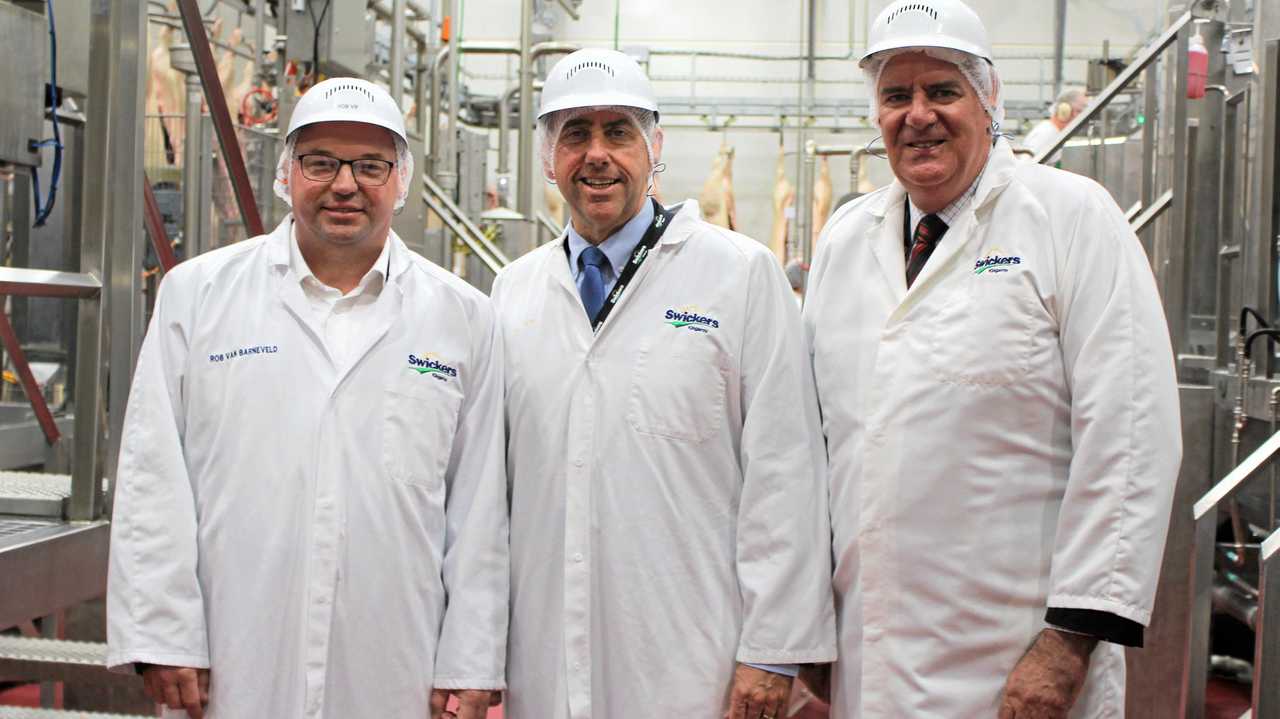 MEATY TALKS: Dr Robert van Barneveld, The Honourable Cameron Dick and The Honourbable Mark Furner inside the new processing plant. Picture: Laura Blackmore