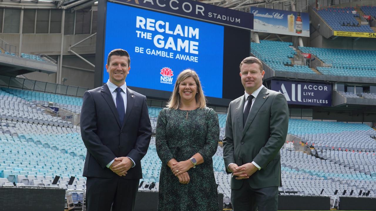 Bulldogs CEO Aaron Warburton, Natalie Wright (Director Office of Responsible Gambling) and Souths boss Blake Solly at the ‘Reclaim The Game’ launch.