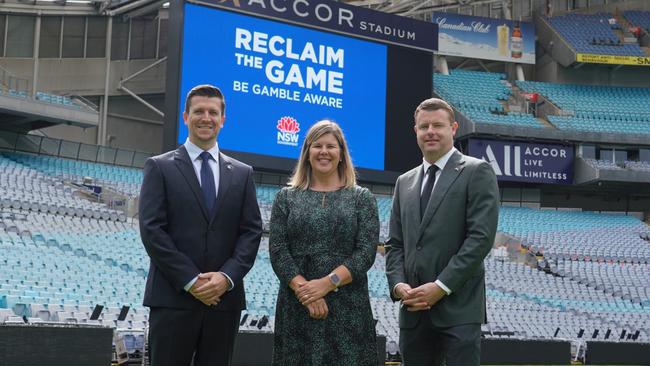 Bulldogs CEO Aaron Warburton, Natalie Wright (Director Office of Responsible Gambling) and Souths boss Blake Solly at the ‘Reclaim The Game’ launch.