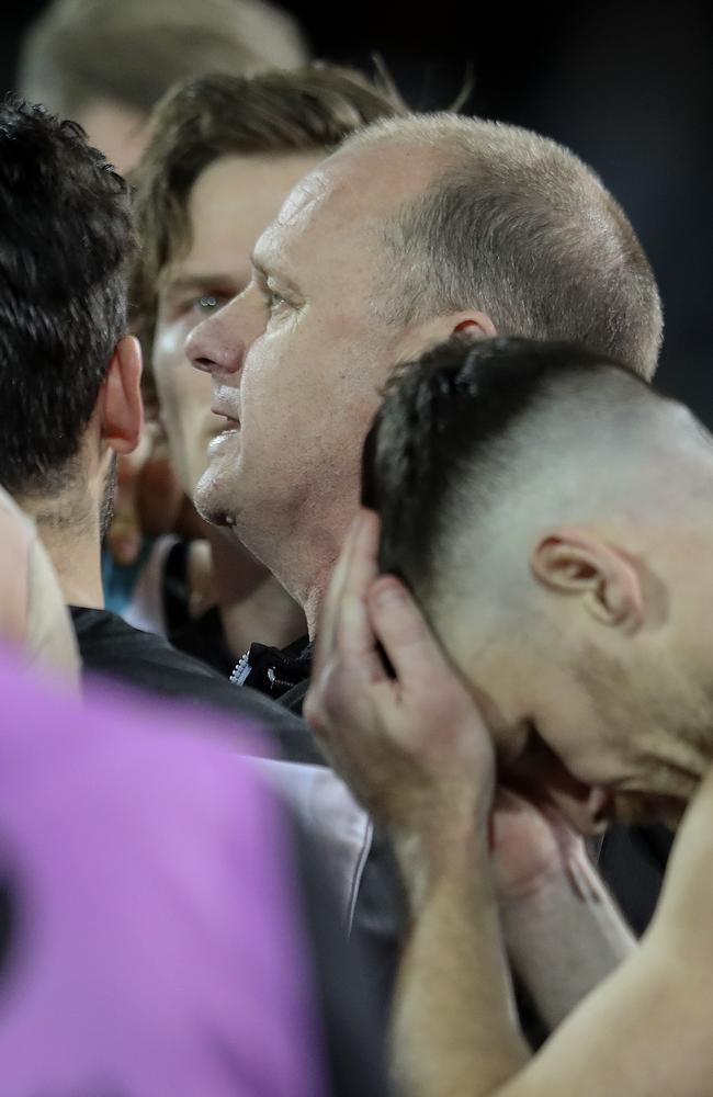 Port Adelaide coach Ken Hinkley and star player Robbie Gray show the strain during Port’s Round 23 loss to Essendon. Picture: Sarah Reed