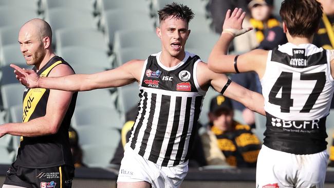 Aidyn Johnson celebrates a goal for Port Adelaide. Picture: Sarah Reed