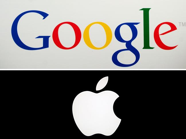 (FILES) In this file combination of two file pictures made on May 17, 2014 shows Google's logo (top) during a press announcement at the Google headquarters in New York on May 21, 2012, and Apple's logo in Paris on January 27, 2010. - Apple and Google plan to directly integrate contact-tracing software into smartphones as they aim to broaden a jointly developed initiative to combat the coronavirus. The technology, first launched in April on Apple's iOS software and Google's Android system, is meant to alert people through their smartphones when they come into contact with a person infected by the coronavirus. (Photo by Emmanuel DUNAND and Loic VENANCE / AFP)