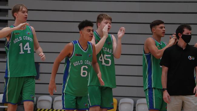 The Gold Coast Waves celebrate during their win over RedCity. Picture: Basketball Queensland