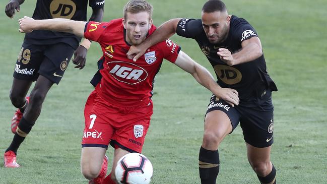 SOCCER – 16/02/19 – A-LEAGUE – Adelaide United v Western Sydney Wanderers at Coopers Stadium. Ryan Kitto and Tarek Elrich. Picture SARAH REED