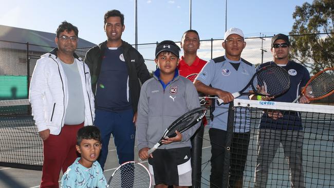 Nepalese players Jagendra Khadka, Balllu bhandari, Umesh budhathoki, Resham gurung and Vesh thapa with children Aarya bhandari and Aaryush khadka at the Marion Tennis Club.