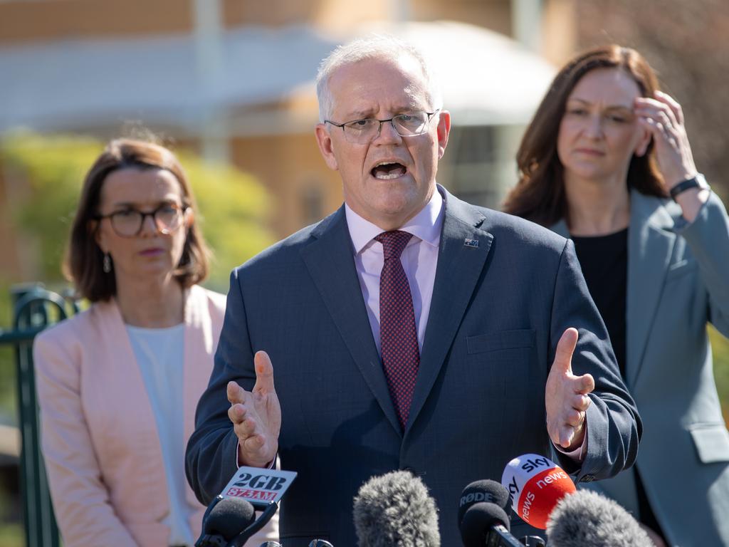 Prime Minister Scott Morrison (c) on Sunday with Senator Anne Ruston and Maria Kovacic, the Liberal Candidate for Parramatta. Picture: Jason Edwards