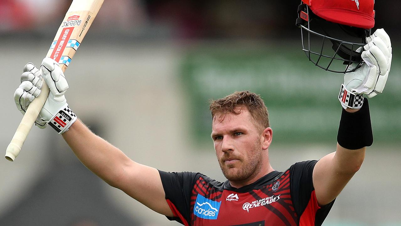 Aaron Finch celebrates his hundred for Melbourne Renegades which was crucial to Tom Aitken’s success. Picture: Phil Hillyard.