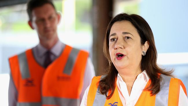 Queensland Premier Annastacia Palaszczuk had a tense press conference on Monday morning. Picture: NCA NewsWire / Jono Searle