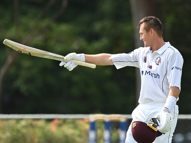 BRISBANE, AUSTRALIA - OCTOBER 07: Marnus Labuschagne of Queensland celebrates his century during the Sheffield Shield match between Queensland and Tasmania at Allan Border Field, on October 07, 2022, in Brisbane, Australia. (Photo by Albert Perez/Getty Images)