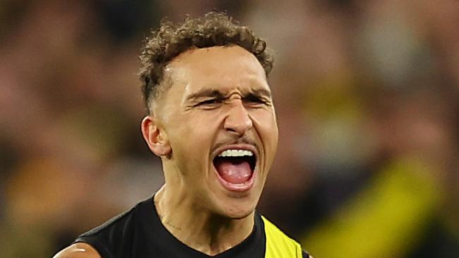 MELBOURNE, AUSTRALIA - JUNE 15: Shai Bolton of the Tigers celebrates kicking a goal during the round 14 AFL match between Richmond Tigers and Hawthorn Hawks at Melbourne Cricket Ground on June 15, 2024 in Melbourne, Australia. (Photo by Graham Denholm/Getty Images)