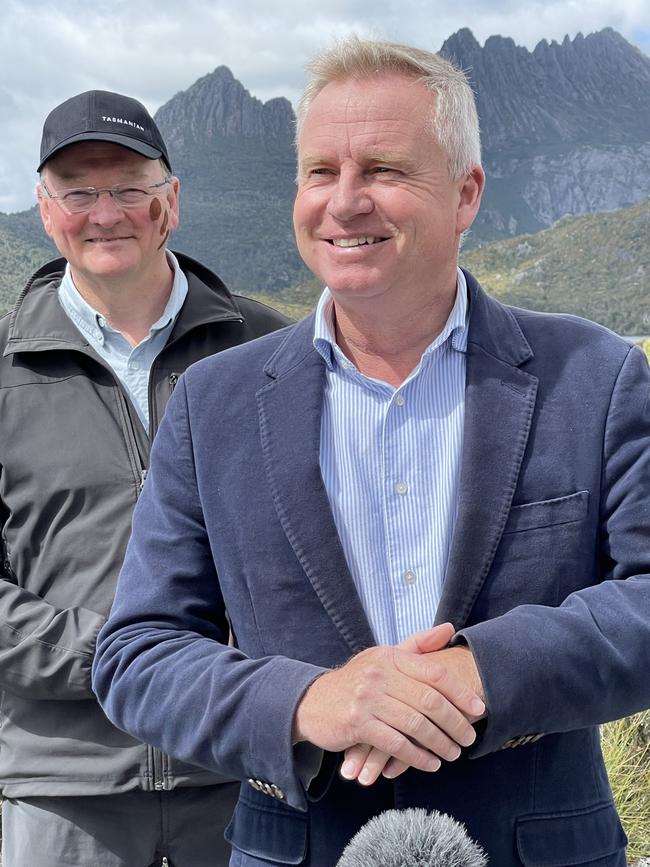 Premier Jeremy Rockliff and Minister for Parks Roger Jaensch at the opening of the new Dove Lake shelter at Cradle Mountain earlier this year. Photo: Helen Kempton