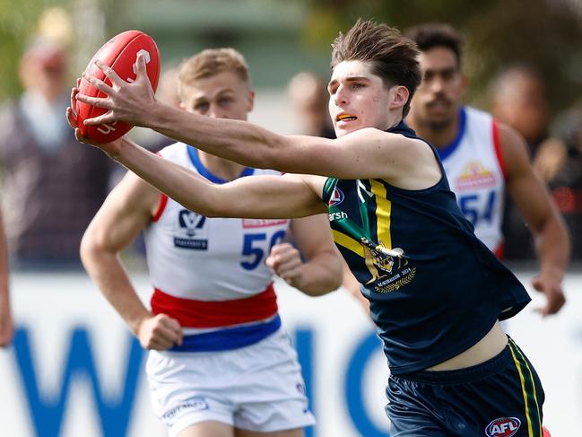 MELBOURNE, AUSTRALIA - APRIL 27: Christian Moraes of the AFL Academy in action during the 2024 AFL Academy match between the Marsh AFL National Academy Boys and Footscray Bulldogs at Whitten Oval on April 27, 2024 in Melbourne, Australia. (Photo by Michael Willson/AFL Photos via Getty Images)