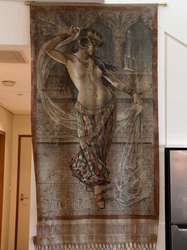 An Afghan wall hanging given to former prime minister Bob Hawke by the husband of former prime minister Benazir Bhutto of Pakistan in 1996 is seen at his home in Northbridge, Sydney, Wednesday, August 21, 2019. A range of items belonging to Bob Hawke and Blanche D'Alpuget will go to auction on August 27. (Bianca De Marchi)