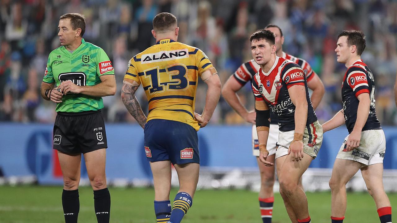 Nathan Brown and Victor Radley shared some words after Brown’s high shot on Radley (Photo by Mark Kolbe/Getty Images).