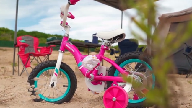An innocent pink bike indicated a small child was inside the tent. Picture: 60 Minutes