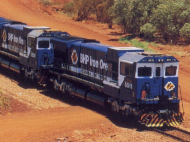 BHP railway train locomotive carrying iron ore to Port Hedland. /Railways