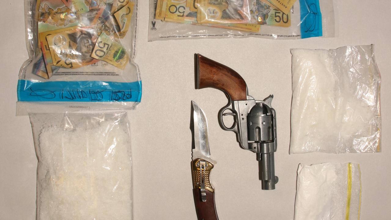 When police searched Lauchlan Joseph McGregor on the night of October 16 they found 32g of cocaine and 126g of meth on his person and a package containing 200g of meth in the vehicle. The police also found $25,000 in cash and a handgun and knife. Picture: Contributed.