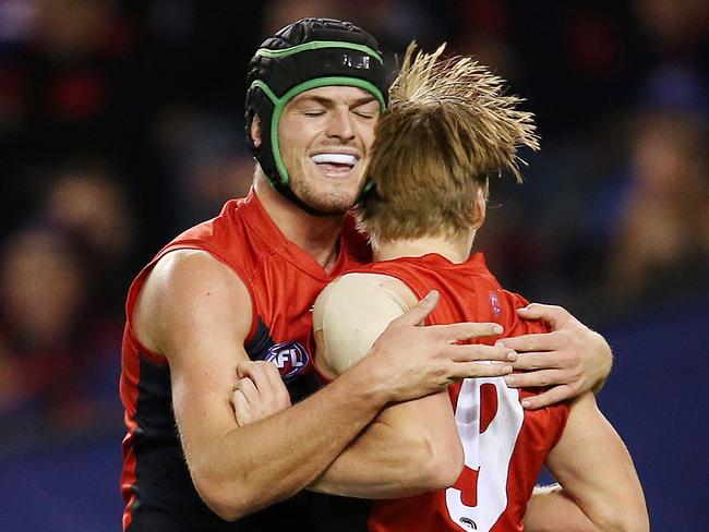 AFL Round 11. 02/06/2018. Western Bulldogs v Melbourne at Etihad Stadium.   Melbourne's Angus Brayshaw celebrates his goal in the fourth quarter    . Pic: Michael Klein