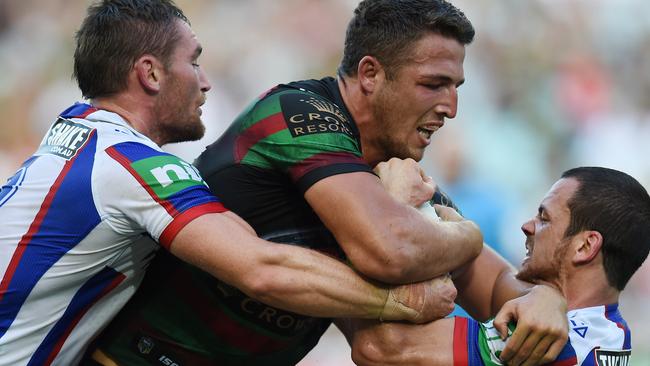 Sam Burgess on his way to 99 SuperCoach points against the Knights. Picture: AAP
