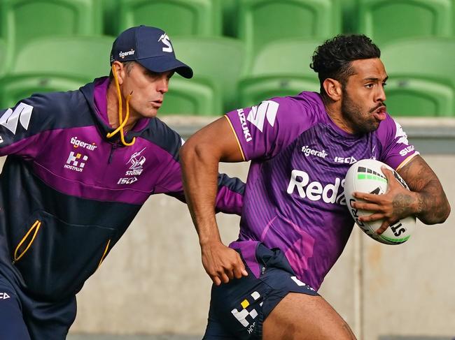 Josh Addo-Carr runs with the ball during a Melbourne Storm NRL training session at AAMI Park in Melbourne, Thursday, May 14, 2020. (AAP Image/Scott Barbour) NO ARCHIVING