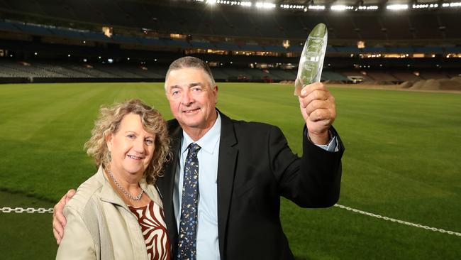 John and Linda Steemson from Litabella Pines at Yandaran in Queensland with their award for Horticulture Farmer of the Year. Picture: Yuri Kouzmin