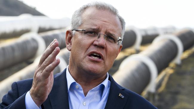 Australian Prime Minister Scott Morrison speaks to the media after a tour of the Tumut 3 power station at the Snowy Hydro Scheme in Talbingo. Picture: AAP