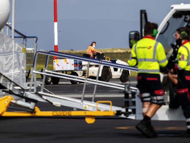 Covid vaccinations arrive at Hobart on Qantas flight QF1023. Picture: Chris Kidd