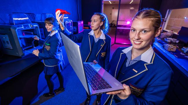 Loreto Toorak is among the top 50 best schools in the state. The girls have excelled in all areas particuarly STEM. Lana Siapantas (18), Charli Sandwith (17) and Georgia Watson (17) in the schoolÃs 3D printing lab. Picture: Jake Nowakowski